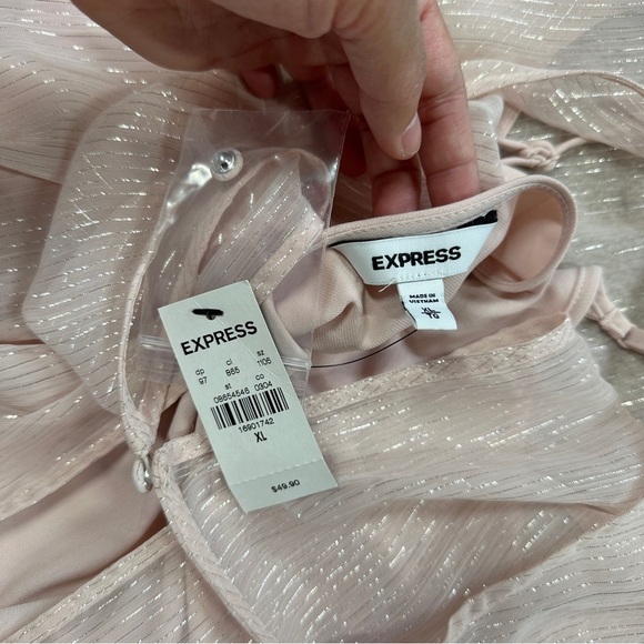 NWT Express Women’s Light Pink Metallic Chiffon Overlay Bodysuit Longsleeve XL - Picture 10 of 13